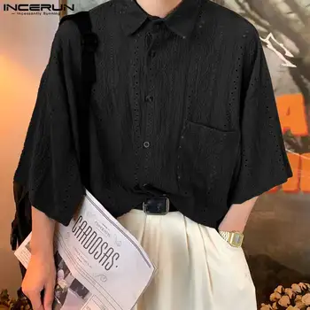 INCERUN מקסימום 2023 קוריאני סגנון חדש Mens אופנה תחרה מודפסת החולצה מזדמן כל-התאמה מוצק נוח קצר שרוול חולצה S-5XL