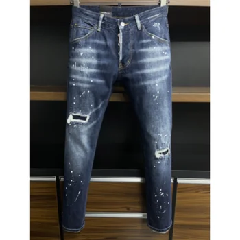 D2 ג 'ינס אופנתי של גברים כחול מחורר אופנה תיקון שבירת צבע אלסטי Slim Fit קרע אייקון ג' ינס