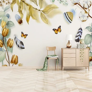 מותאם אישית ציור קיר טפט מודרני צבוע ביד טריים קטן צמח פרפר חי רקע טפט על קירות חדר השינה עיצוב הבית