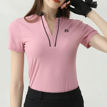 Golfist גולף הקיץ החדש בגדי נשים חיצוני לנשימה גולף טי-שירט ילדה V-צוואר עם שרוולים קצרים, מקסימום Slim Fit יבש מהירה
