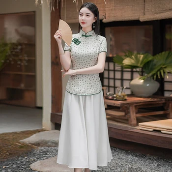 טאנג חליפת הקיץ החדש סינית מסורתית בסגנון הלאומי השתפר Cheongsam מקסימום וחצאית שני חלקים Tangzhuang להגדיר ללבוש.