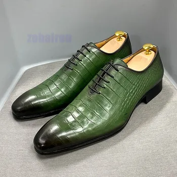 עור פרה עור תנין דפוס תחרה עד נעלי חתונה באיכות גבוהה בעבודת יד נעלי אוקספורד הבוהן מחודד שחור ירוק גברים הרשמית של נעליים