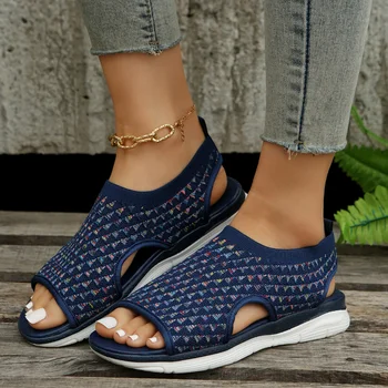 קיץ חדש לנשים סנדלים סרוגים תחתית שטוחה אלסטי לסרוג נעליים משקל רך הבלעדי אנטי סליפ מקרית ספורט סנדלים בתוספת גודל