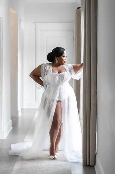 לבן כלה חלוק נשים רב טול שמלת תחרה מוחלטת הכלה כתונת אורך רצפת עבור יום החתונה שלה תמונות