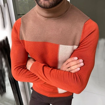 החורף של גברים בסגנון בריטי צווארון הסוודר בצבע כתום התאמת סלים סלים מזדמן אופנה סוודר גברים של סתיו סריגים