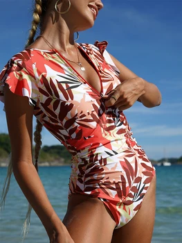 בציר הדפסה של נשים בגד ים חתיכה אחת רוכסן מתקפל בגדי ים 2023 נשים סקסי גבוה לחתוך Monokini בגדי ים לגלוש Beachwear