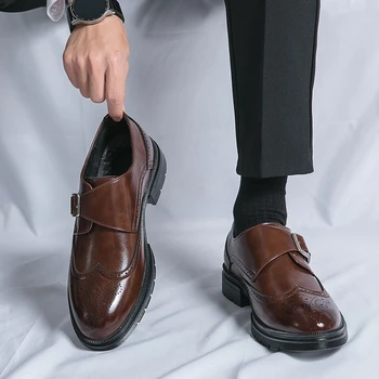 גברים נעלי נעלי עגול הבוהן אבזם רצועה שחור חום עסקים נעליים עבור גברים עם גודל 38-46 נעלי אלגנט גברים