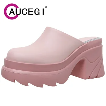 Aucegi תמציתי עור אמיתי עגול הבוהן פרדות פלטפורמה עבה העקבים גבוהים עמיד למים הקיץ להחליק על ריקוד נעליים בעבודת יד