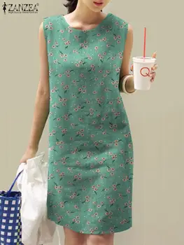 ZANZEA בוהמי פרחוני מודפס שמלת קיץ אופנה טנק שרוולים שמלות אישה אלגנטית O-צוואר Vestidos נופש חוף שמלת קיץ