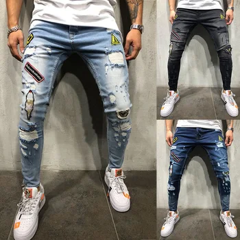 אירופאי ואמריקאי גברים היפ-הופ מחורר קטן הרגל המכנסיים אנשים חדשים התג של סלים מתאים ג 'ינס סקיני ג' ינס גברים ג ' ינס קרוע