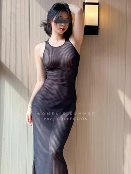 מקסי WOMENGAGA שמלת הקיץ בד סופר סקסי שקוף דק דק היפ שמלות שחורות וחולצת פסים קוריאני נשים מקסימום 5JBT