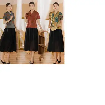 מכירה חמה לאביב קיץ נשים סאטן קצר העליון הז ' קט שחור חליפת חצאית Cheongsam שמלת אופנה ביצועים מתאים לגודל מ-4XL