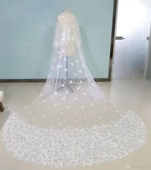 זמן לבן שנהב כלה רעלה פרחוני 3D פרפר תחרה יוקרה קתדרלת אורך 3M כלות צעיף חתונה עם מסרק 100% תמונה אמיתית