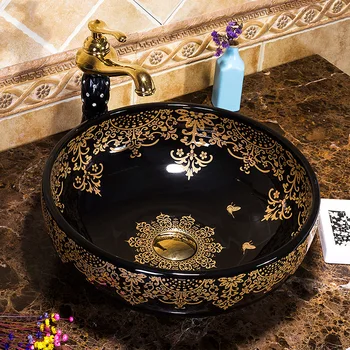 Jingdezhen קרמיקה אמנות בין-פלטפורמה אגן הכיור יוקרה זהב סביב שולחן כיור כיור