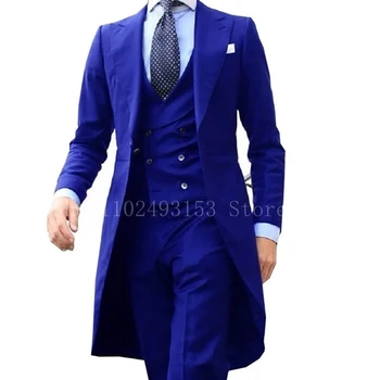 האחרון עיצוב מעיל ארוך גברים חליפות 3 חלקים בצבע כחול רויאל Slim Fit רשמית קלאסי השושבינים שמלת החתונה De Trajes גבר