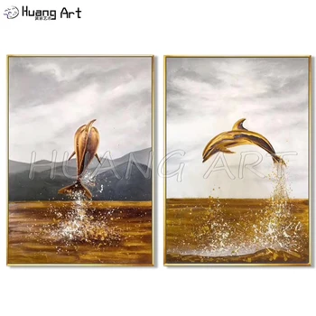 טהור מצוירים ביד קפיצות דולפין על הים נוף ציור שמן על בד על עיצוב חדר מודרני דולפין זהב חיה ציור שמן