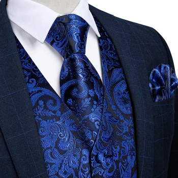 קלאסי כחול נייבי פייזלי גברים הז ' קט יוקרה עניבה כיס מרובע חפתים לגבר אביזר אופנה האפוד Cortaviento גבר