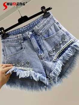 שיק חרוזים יהלום לא סדיר גולמי שולי רחב-רגל - קו הג 'ינס קצרים חם המכנסיים נשים קוריאני גבוהה המותניים הרזיה ורוד מכנסי ג' ינס קצרים