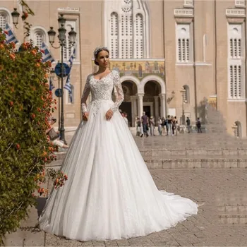Morden תחרה, טול קו שמלת החתונה 2023 סקופ צוואר שרוול מלא שמלות ארוכות בציר אפליקציות רקמה אלגנטית שמלה
