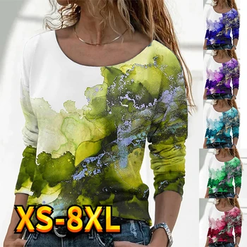 נשים חולצת טי גרפי יומי השבוע ציור מופשט חולצת טריקו שרוול ארוך הדפסה צוואר עגול אופנת רחוב בסיסי XS-8XL